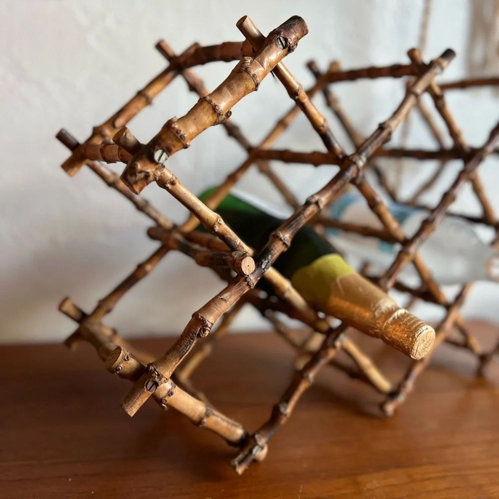 Vintage Boho Bamboo Folding Wine Rack – Mid Century Bar Cart Bottle Holder